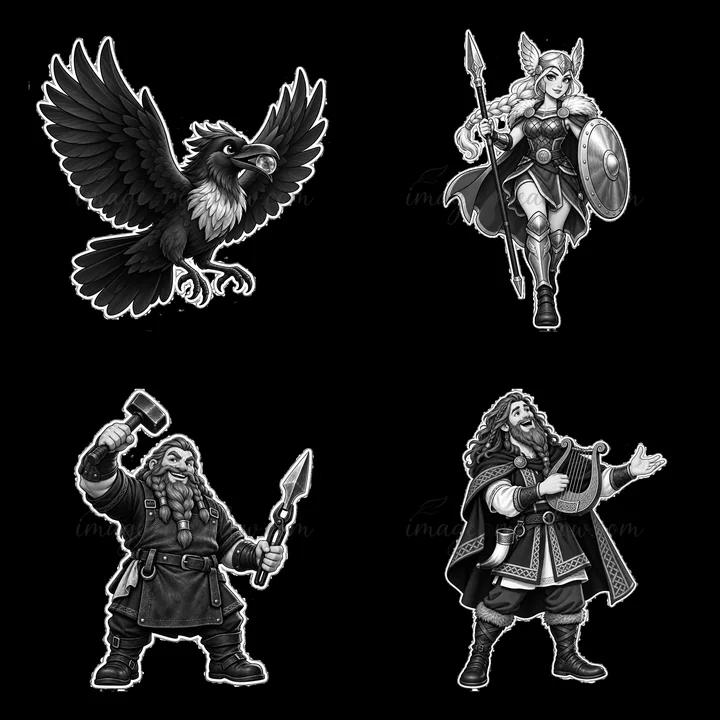 The illustration features four characters related to Odin. A fierce raven, a warrior goddess with a spear and shield, a dwarf wielding a hammer, and a bard play
