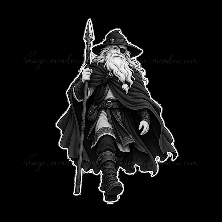 Odin, the Norse All-Father, strides confidently with a long beard and a hat. He carries a spear and wears a cloak, embodying strength and wisdom. This illustrat