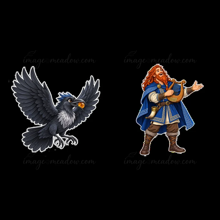 Odin stands wearing a blue cloak, holding a harp in one hand. Beside him is a large black raven with wings outstretched, ready to take flight. This scene showca