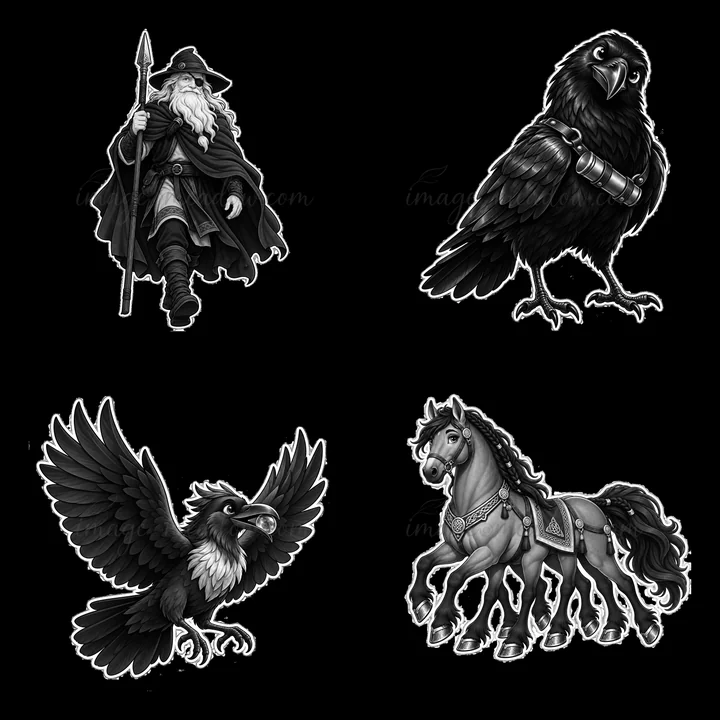 Odin is depicted walking with a spear. Two ravens sit, one with a metal band, and an eight-legged horse stands. This is a monochrome illustration representing N
