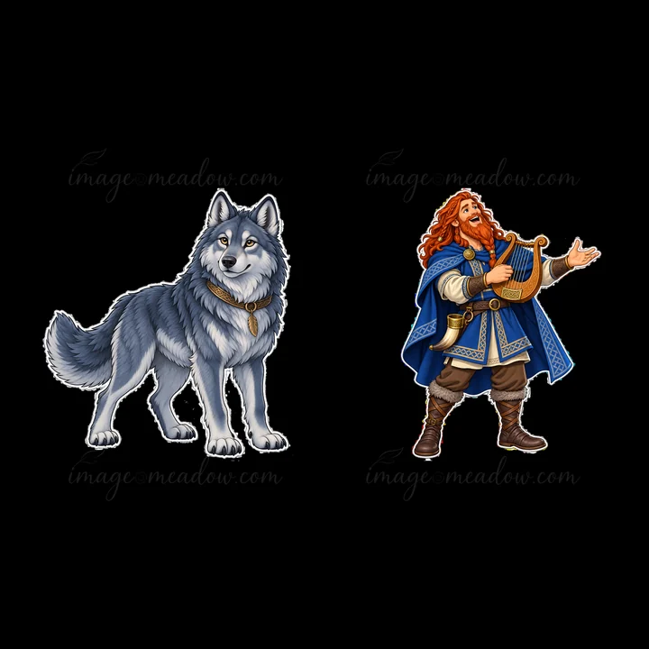 Odin stands with his lyre, showcasing long red hair and blue robes. Beside him is a grey wolf with a collar. The scene represents Norse mythology, highlighting