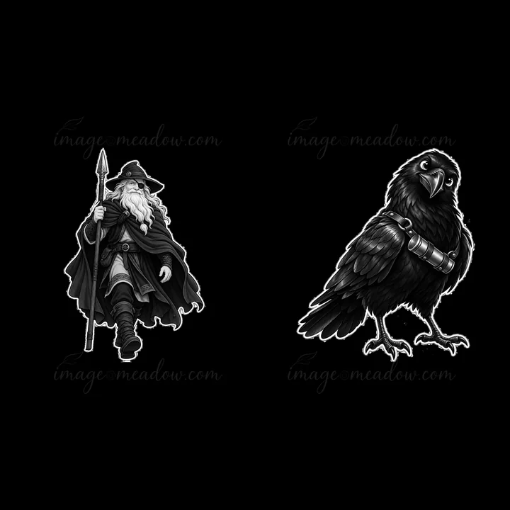 Odin, the Norse All-Father, walks with a spear in one hand and a flowing cloak. Beside him is a raven with a band around its leg, symbolizing wisdom and knowled
