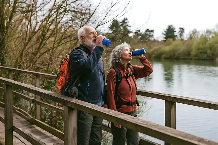 Older couple drinks water while hiking across a wooden footbridge beside a calm lake.