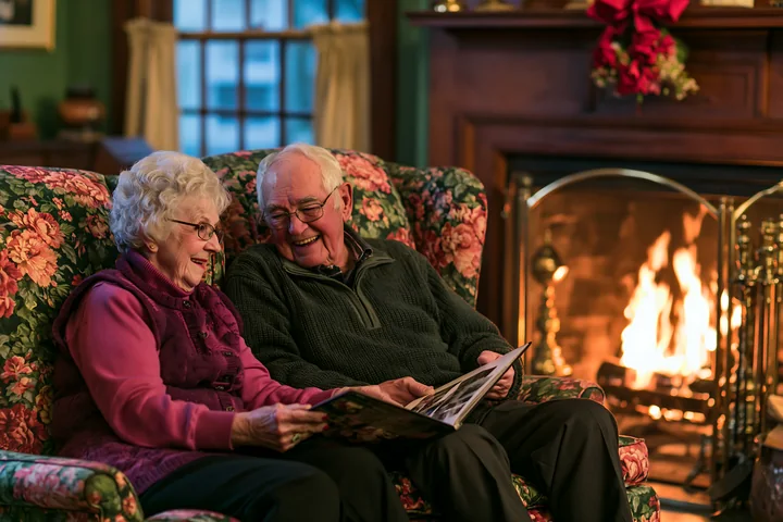 Older couple smiles while viewing a photo album together beside a glowing fireplace.