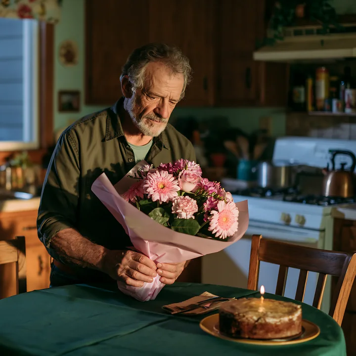 Older man holds a pink flower bouquet beside a lit birthday cake at a kitchen table.