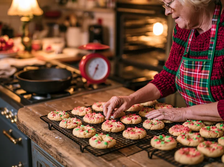 Older woman arranges colorful Christmas cookies cooling on wire racks in a warmly lit kitchen.
