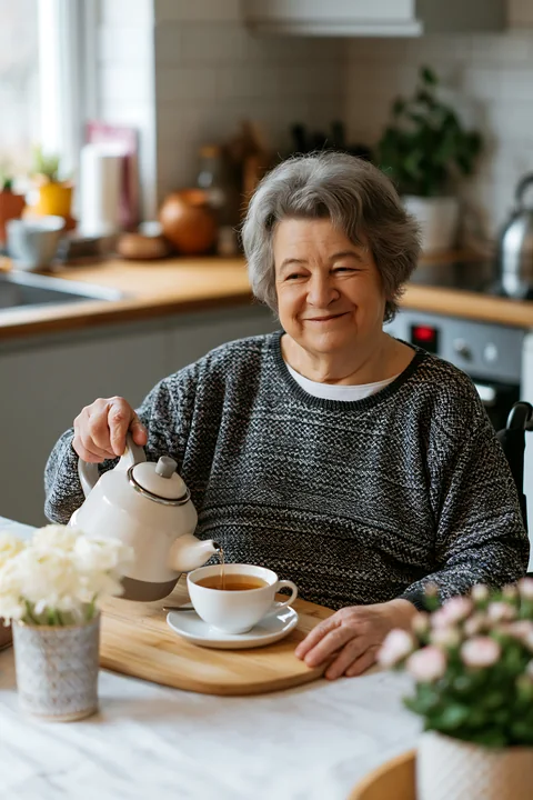 Older woman pours tea from a white kettle into a cup at a kitchen table.