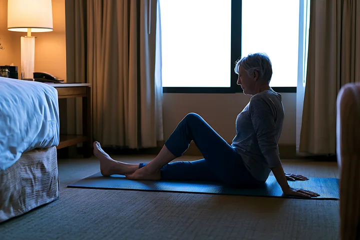 Older woman sits on an exercise mat practicing Pilates in a softly lit bedroom.