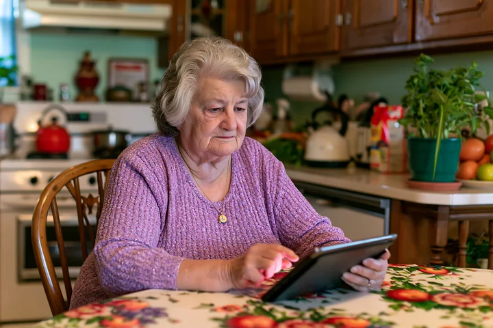 Older woman uses a tablet at a floral kitchen table in a warm home interior.
