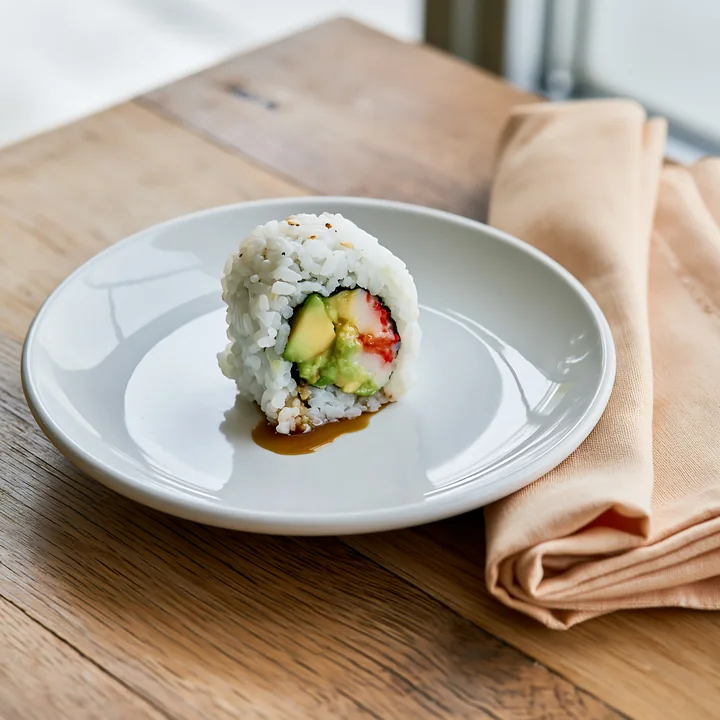 One California roll piece on plate sits on a wooden table near a folded napkin.