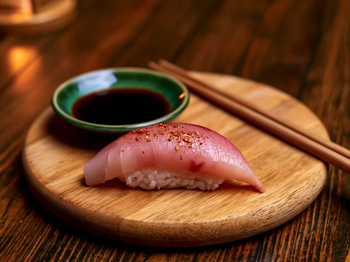 One nigiri beside soy sauce dish is placed on a wooden platter with chopsticks resting beside it.