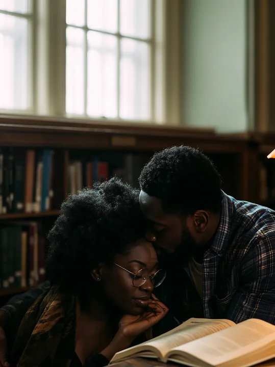 One partner kisses the other’s forehead beside an open book in a warmly lit library.