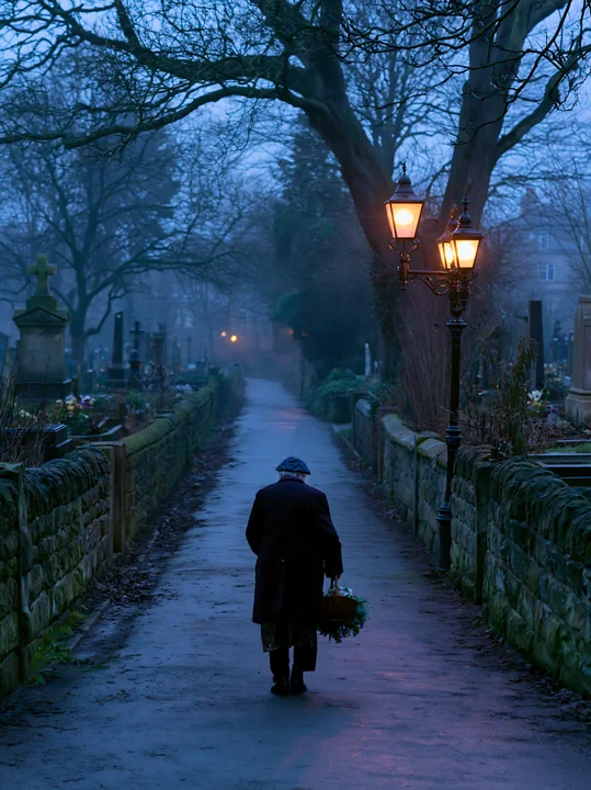 One person carrying flowers walks along a lantern-lit cemetery path at dawn.