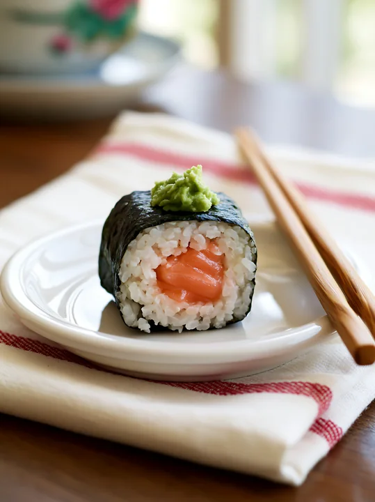 One salmon maki piece with wasabi is placed on a white plate.