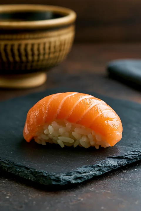 One salmon nigiri is presented on a slate plate beside a traditional serving bowl.
