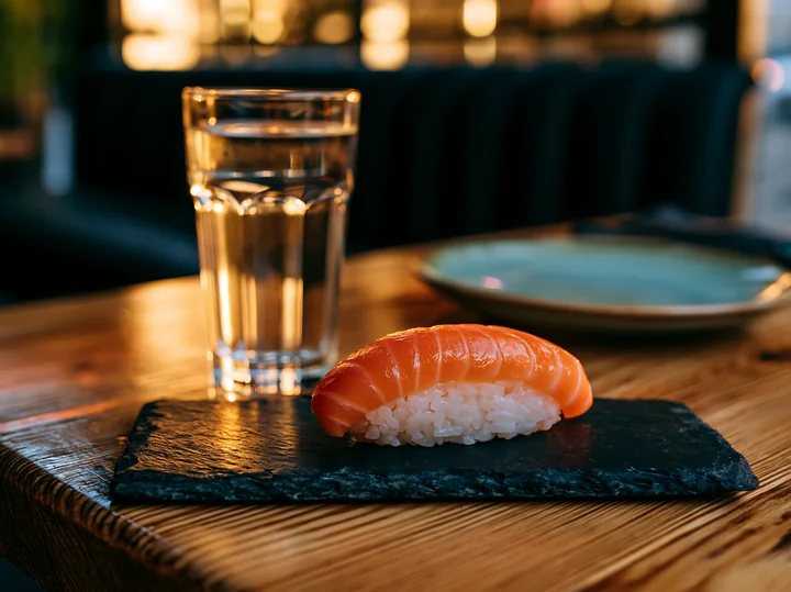 One salmon nigiri on slate plate is placed on a wooden table in a restaurant setting.