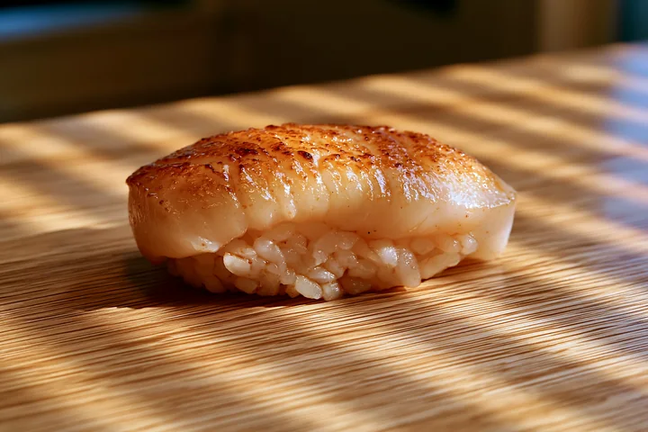 One sushi piece on minimalist table features a piece of cooked seafood atop rice, resting under natural light.