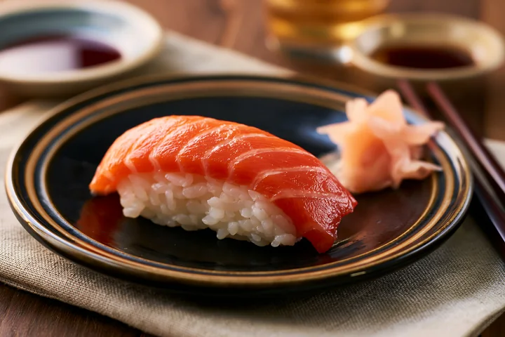 One sushi piece with pickled ginger sits on a black plate near soy sauce.