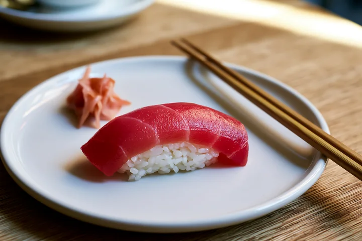 One sushi piece with pickled ginger sits on a round plate made of white ceramic.