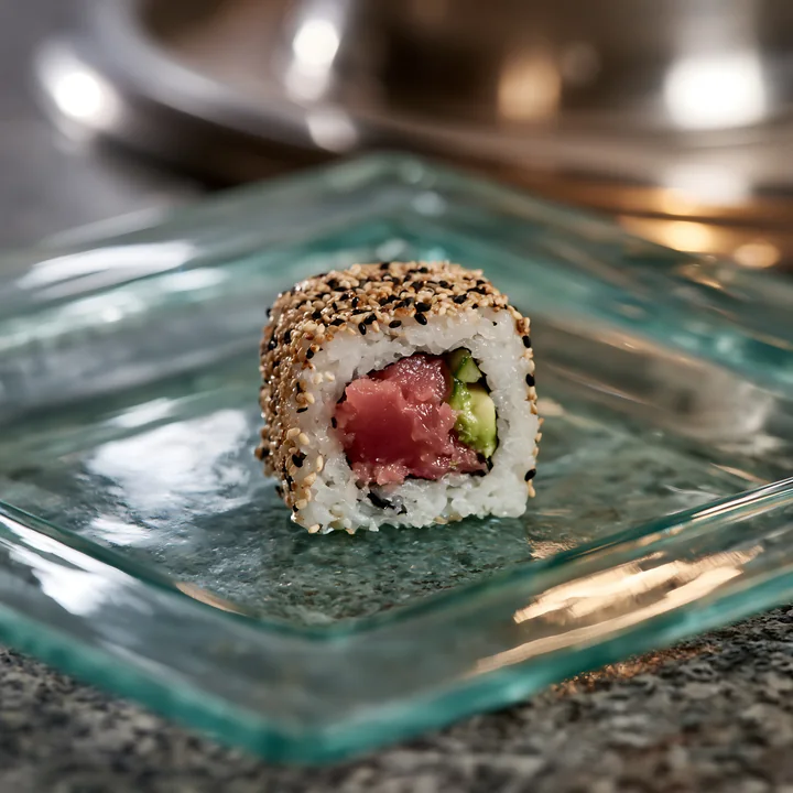 One tuna roll slice with sesame coating sits on a clear glass plate.