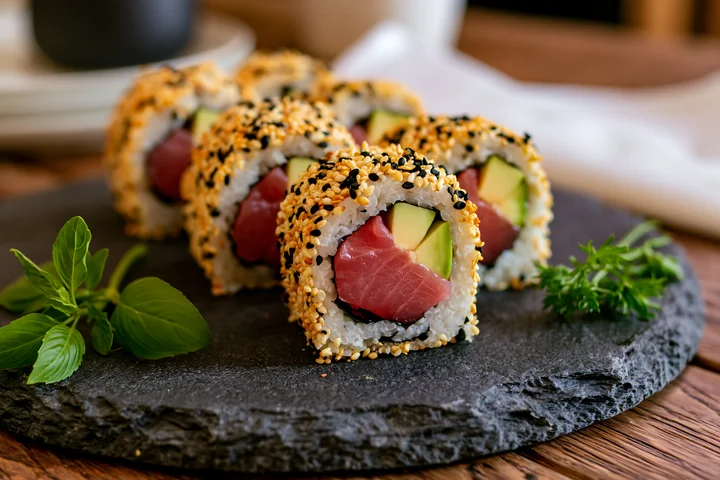 One tuna roll slice with sesame coating sits on a dark stone plate alongside fresh herbs.