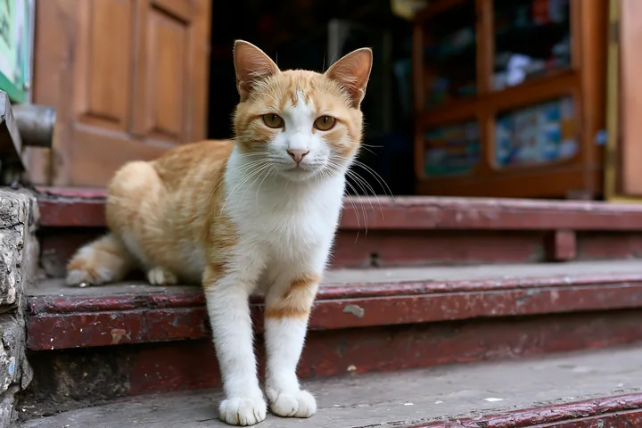 Orange and white cat sits on worn wooden steps outside a building, facing the camera.