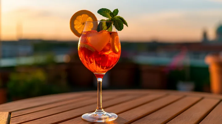 Orange cocktail with a heart-shaped ice cube, citrus garnish, and mint on a wooden table at sunset.