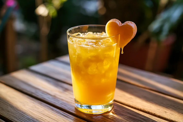 Orange iced drink in a glass with a melting heart-shaped ice cube on the rim outdoors.