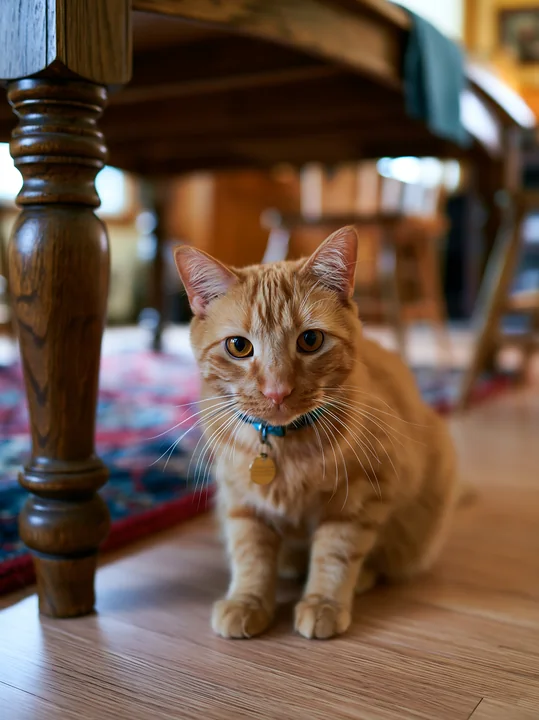 Orange tabby cat wearing a blue collar sits beneath a wooden table indoors.