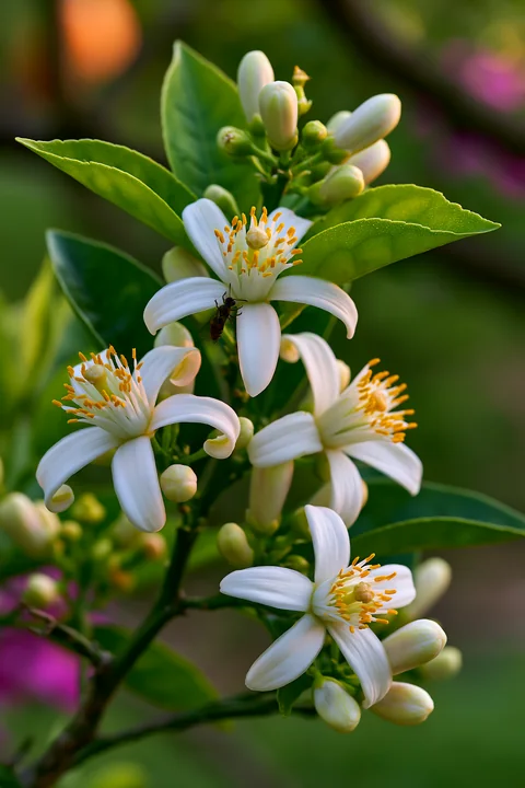 Orange tree flowers close up show delicate white blooms with yellow stamens against vibrant green leaves, capturing the beauty of spring in a garden setting.