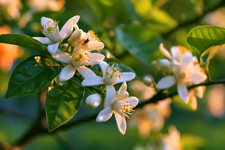 Orange tree flowers close up show delicate white petals and green leaves.