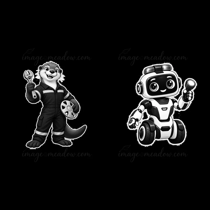 An otter dressed in a mechanic suit holds a wrench and a reel while a robot beside it displays a flashlight. The two characters appear to be working together in