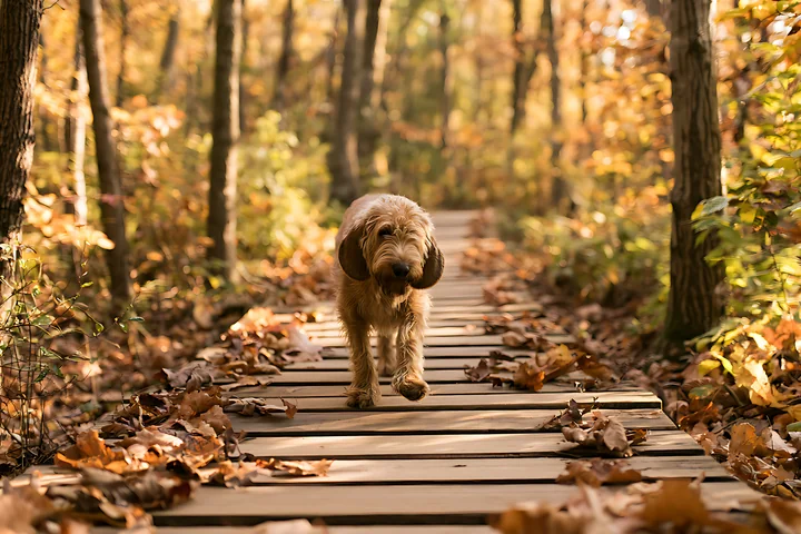 Otterhound dog walking toward the camera on a leaf-covered wooden boardwalk in an autumn forest.