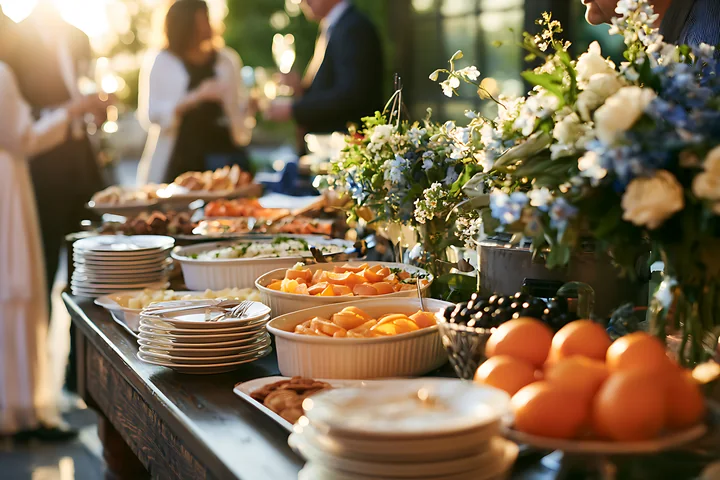 Outdoor wedding buffet with plated food, stacked dishes, fruit, and abundant white floral table decor.