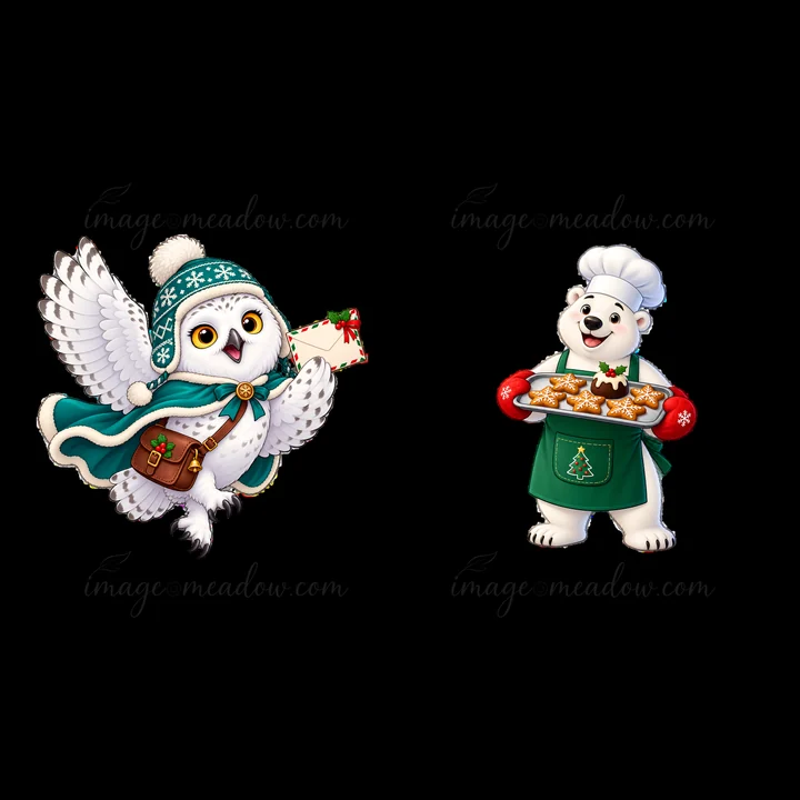 An owl wearing a scarf and a hat flies with a letter, while a polar bear in a chef's outfit holds a tray of cookies. This festive scene shows winter joy and hol