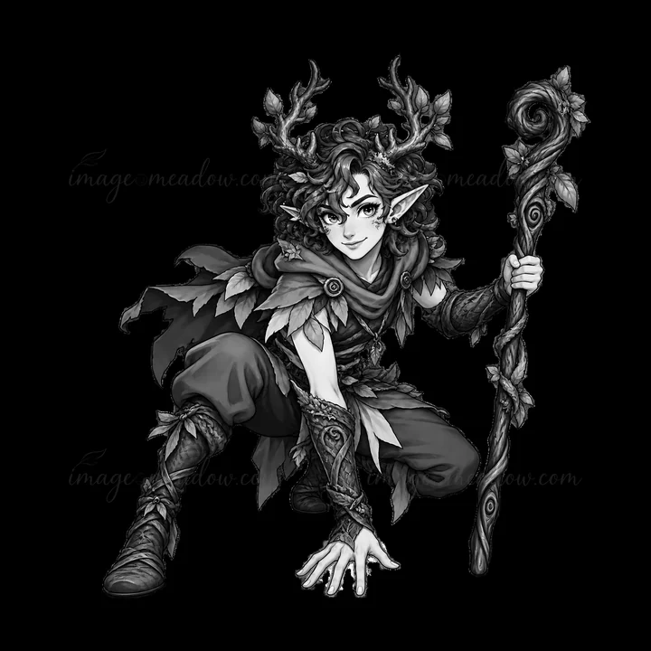 A figure resembling a pagan god crouches with a staff, adorned with leaves and antlers. The character has curly hair and an expressive face, showing a connectio