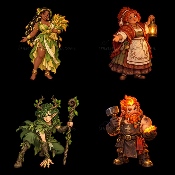 Four cartoon sticker characters representing pagan gods are shown. Each character has unique traits and accessories.