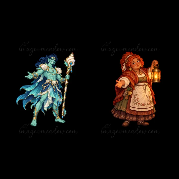 A blue-skinned god stands holding a staff on the left. On the right, a woman with red hair holds a lantern and gestures with her free hand. Both characters expr