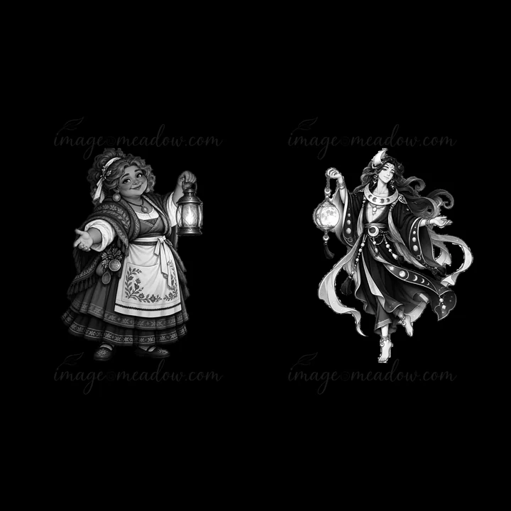 Two distinct figures representing pagan gods stand side by side. One holds a lantern while the other showcases a lantern with a flowing outfit. The style is mon