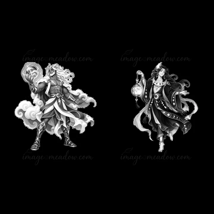 Two pagan gods stand together. One god holds a fireball, standing strong. The other god holds a lantern, dressed in elaborate robes. Their features are detailed