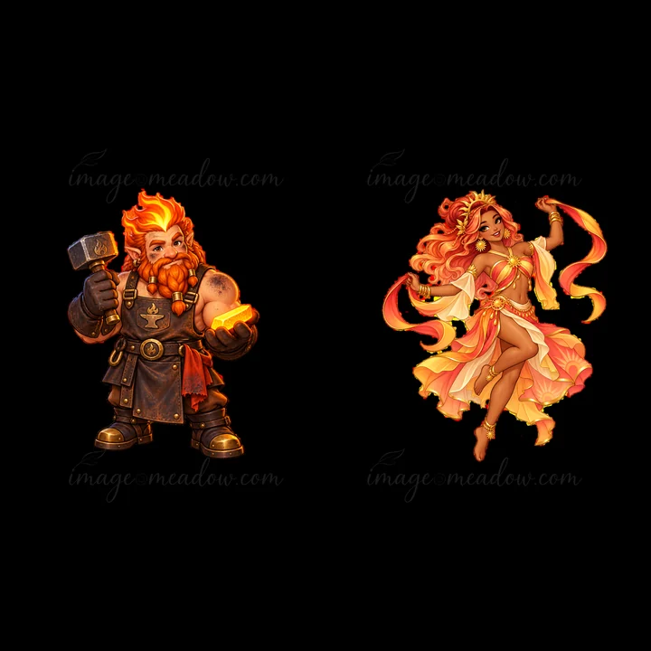 A dwarf with fiery hair holds a hammer in one hand and a glowing orb in the other. A goddess with flowing hair dances gracefully, adorned in a flowing gown with