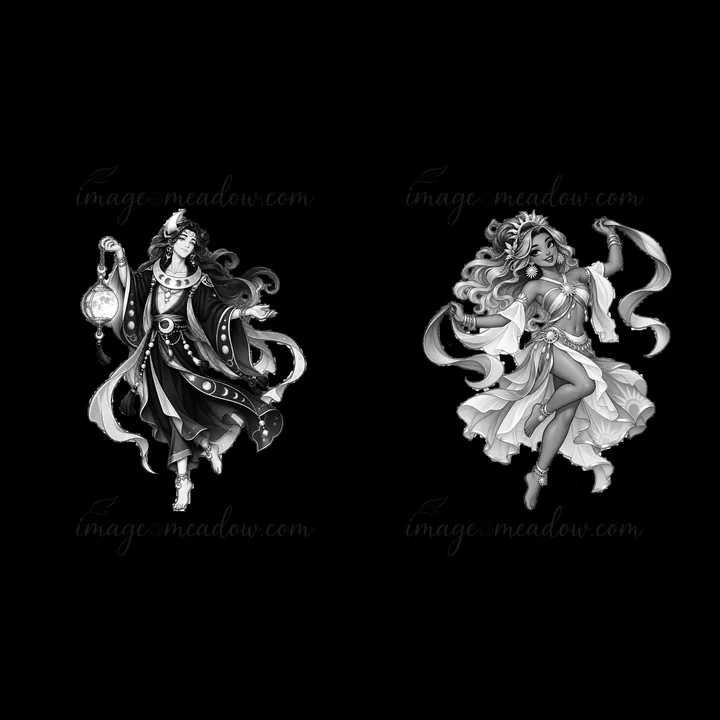 Two cartoon stickers show pagan gods. One figure holds a lantern and wears a flowing robe. The other figure dances gracefully with ribbons. Both are intricately
