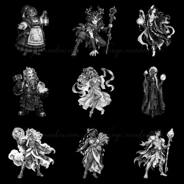 Nine cartoon stickers depict various pagan gods. The characters display unique outfits and accessories representing their distinct mythology. Each figure shows
