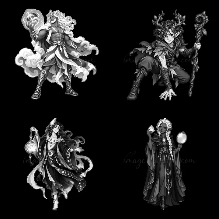 Four distinct cartoon figures represent various pagan gods. Each character holds a unique artifact and displays individual features. The layout is organized in
