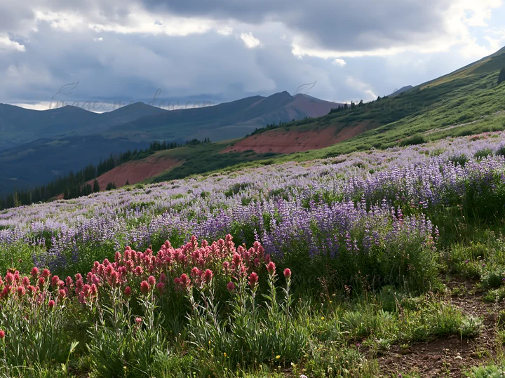 A meadow filled with paintbrush and lupine flowers in bloom. This scene showcases vibrant colors against a backdrop of distant mountains and cloudy skies. The l