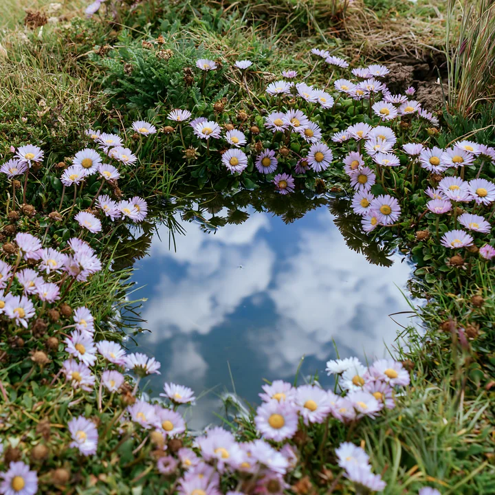Pale purple wildflowers surround a small natural pool reflecting blue sky and clouds.