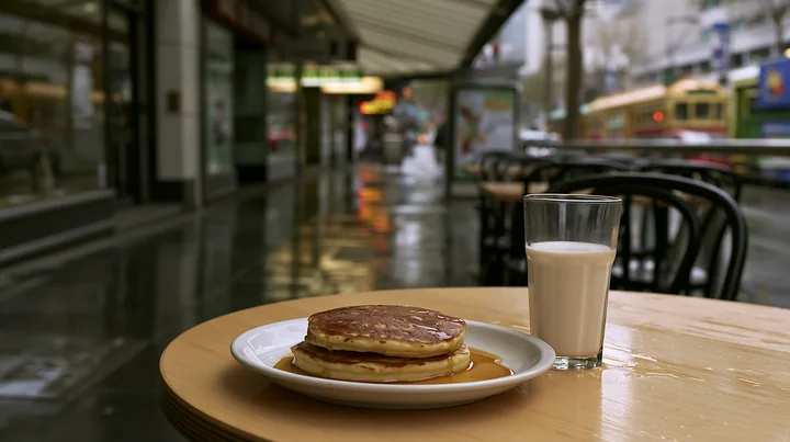Pancakes with syrup sit on a table beside a glass of milk in a bustling street setting.