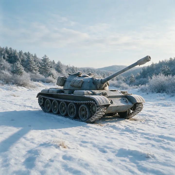 Panzer tank covered in frost stands in a snowy clearing surrounded by evergreen trees.