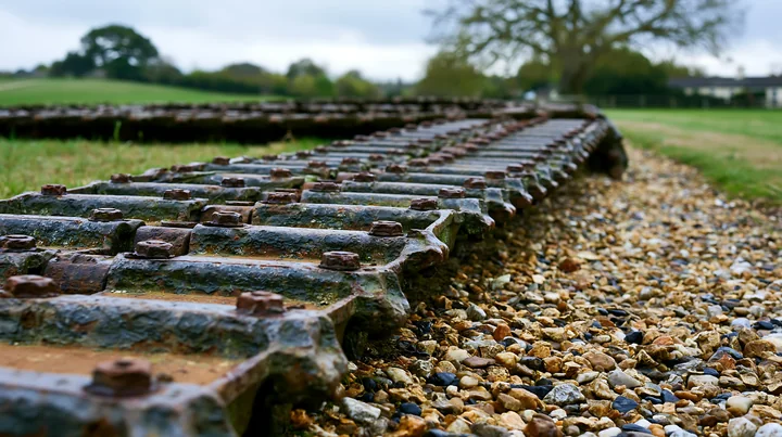 Panzer tank tracks are shown laying on a gravel surface in a grassy area, with trees in the background under a cloudy sky.