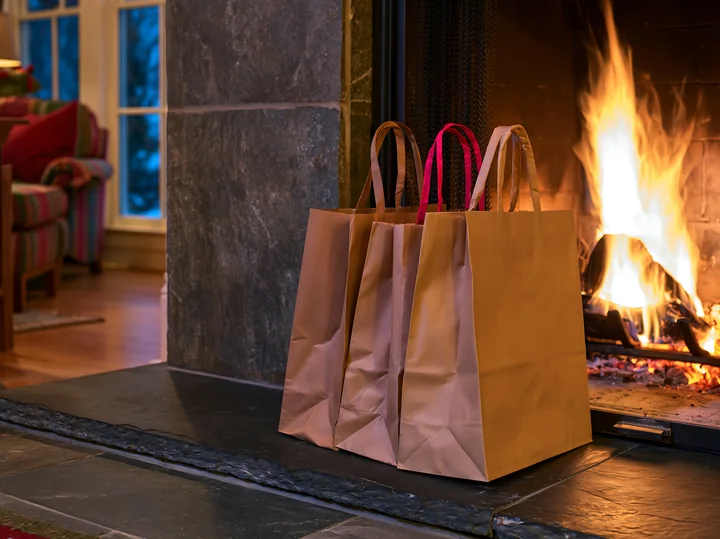 Paper shopping bags sit beside a glowing fireplace, with wrapped gifts and a window in the background.